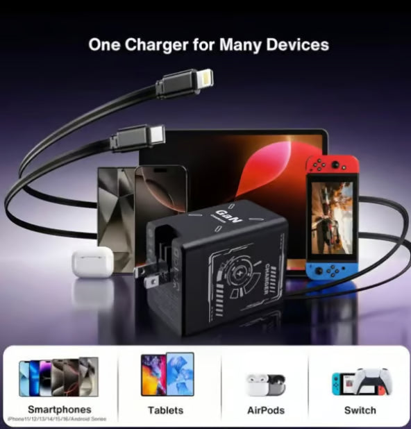 2-in-1 GaN PD3.0 Charger with Retractable Cables(Plug specifications: US standard plug)