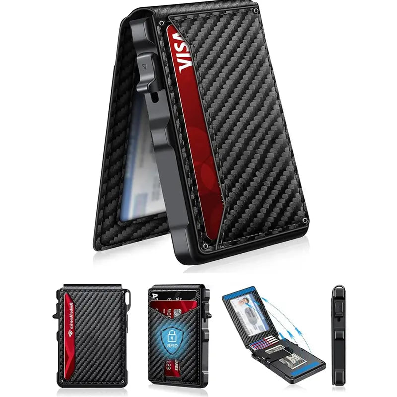 Minimalist Men’s Slim Wallet: 9 - 13 Cards, Money Clip, ID Window. RFID - Blocking, Aluminum Bifold Pop - Up