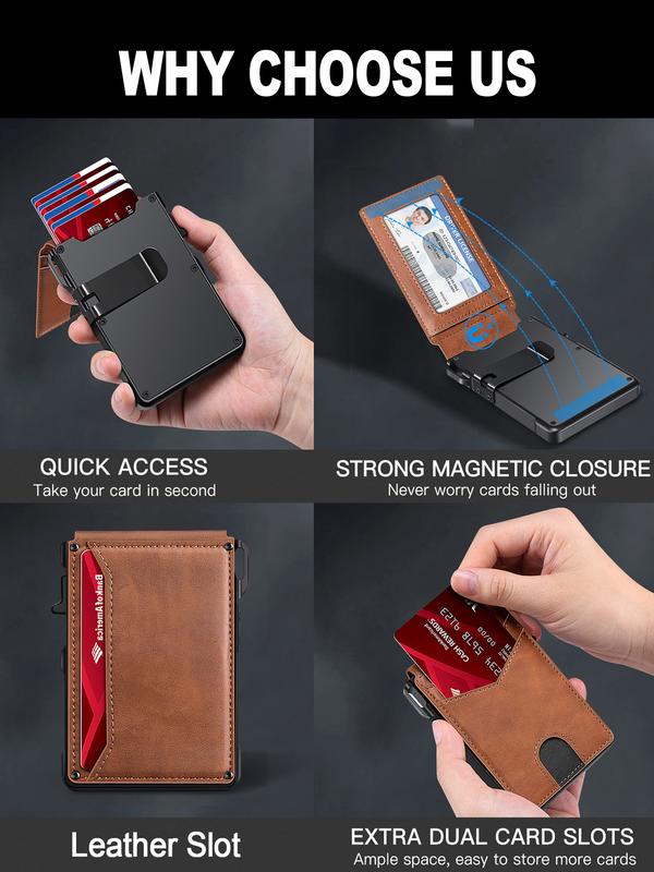 Minimalist Men’s Slim Wallet: 9 - 13 Cards, Money Clip, ID Window. RFID - Blocking, Aluminum Bifold Pop - Up