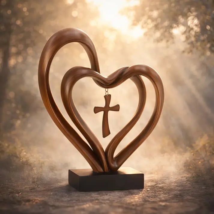 ✝️💖Handcrafted Marriage Takes Three – Entwined Heart & Cross Christian Wedding Sculpture