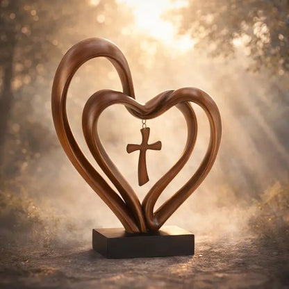 ✝️💖Handcrafted Marriage Takes Three – Entwined Heart & Cross Christian Wedding Sculpture