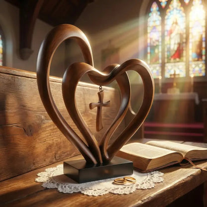 ✝️💖Handcrafted Marriage Takes Three – Entwined Heart & Cross Christian Wedding Sculpture