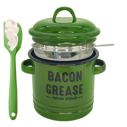 Top Christmas Gift 2025 🎅-46 oz bacon grease container with strainer and food-grade silicone spatula