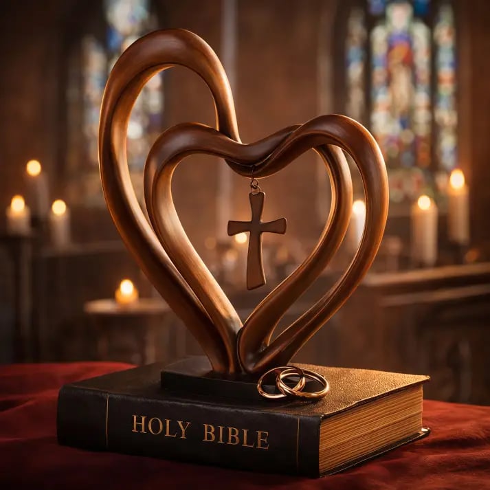✝️💖Handcrafted Marriage Takes Three – Entwined Heart & Cross Christian Wedding Sculpture