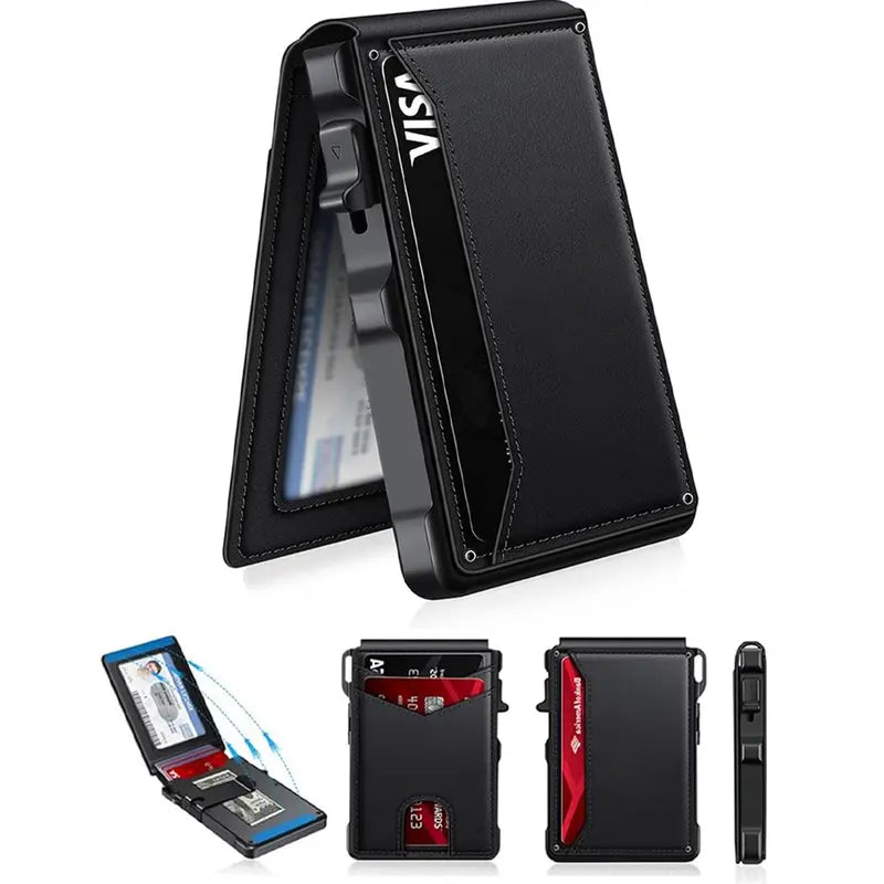 Minimalist Men’s Slim Wallet: 9 - 13 Cards, Money Clip, ID Window. RFID - Blocking, Aluminum Bifold Pop - Up