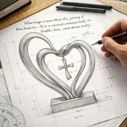 ✝️💖Handcrafted Marriage Takes Three – Entwined Heart & Cross Christian Wedding Sculpture