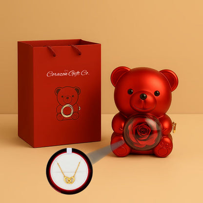 🧸 Teddy Bear with Real Preserved Rose & Necklace 🌹💝
