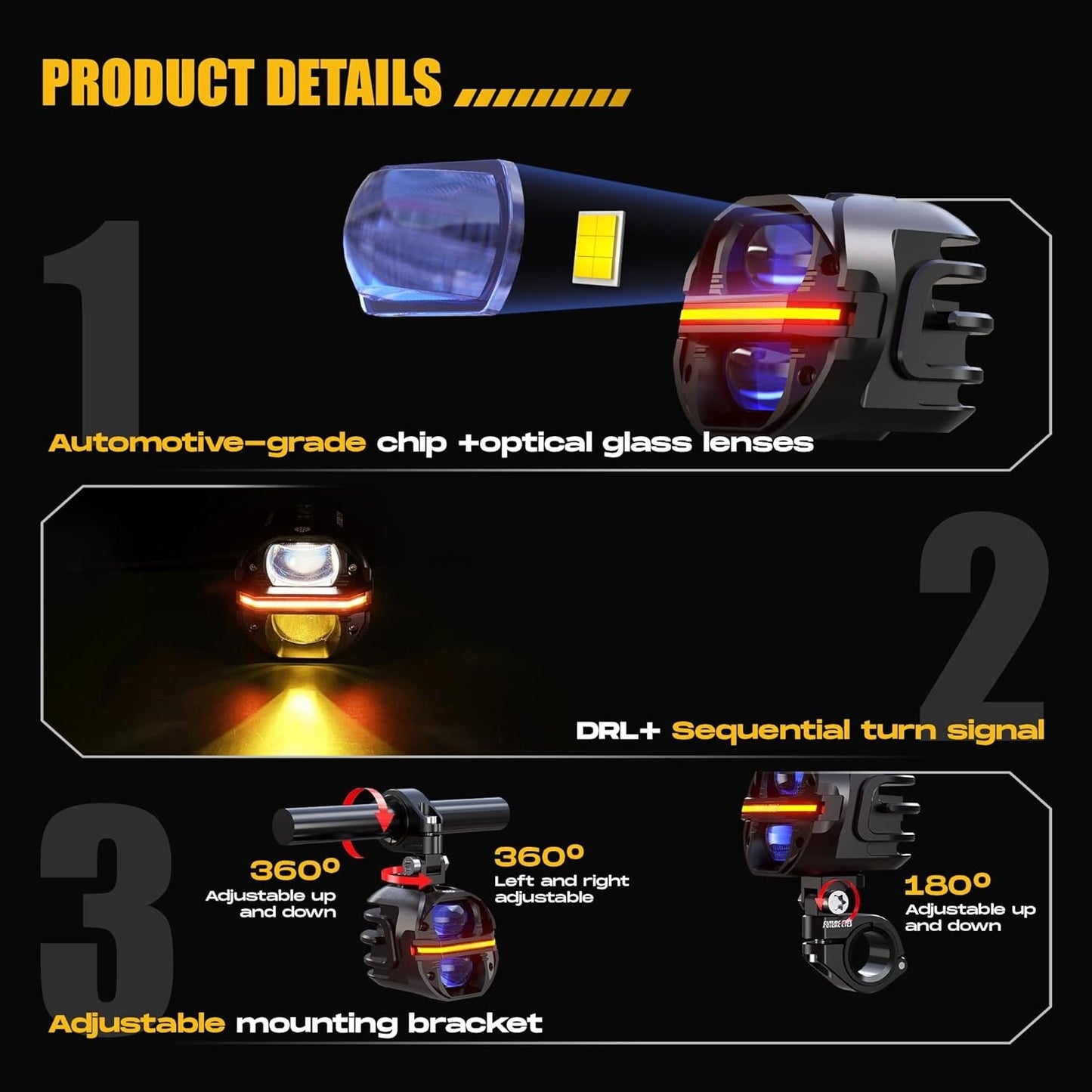 Motorcycle Fog Light | 120W LED Amber Auxiliary Light | DRL & Strobe | IP67 Waterproof | ECE & SAE Compliant