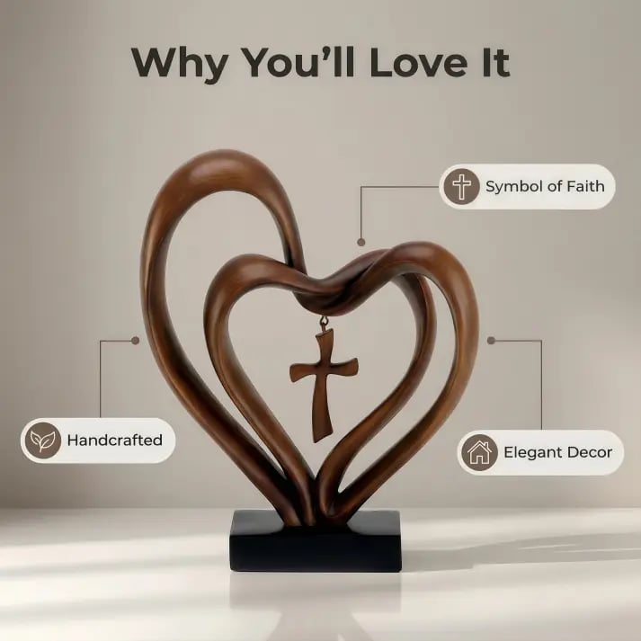 ✝️💖Handcrafted Marriage Takes Three – Entwined Heart & Cross Christian Wedding Sculpture