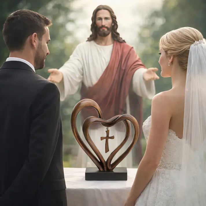 ✝️💖Handcrafted Marriage Takes Three – Entwined Heart & Cross Christian Wedding Sculpture