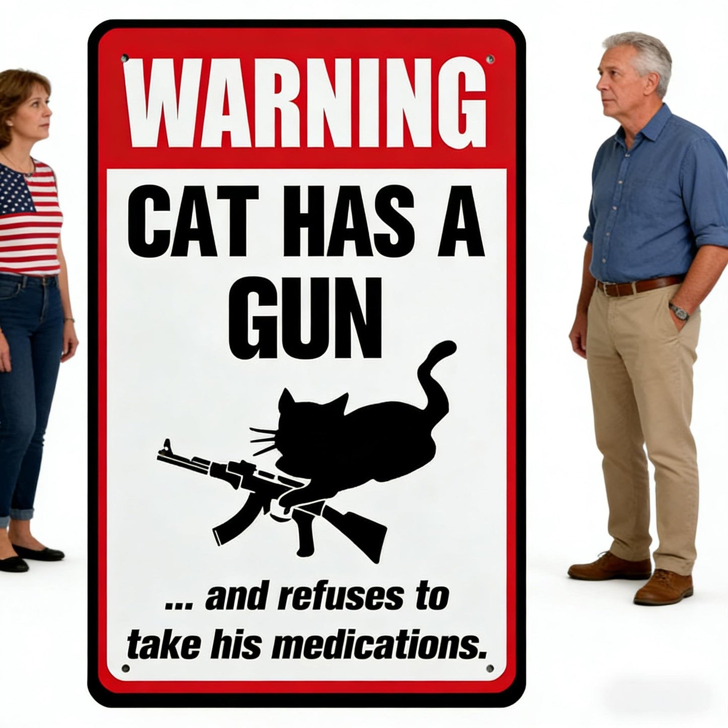 Funny "Cat & Dog Has a Gun & Won't Take Meds" Aluminum Sign