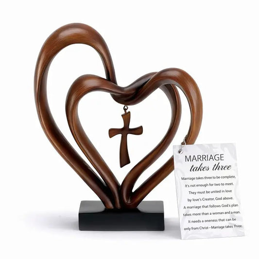 ✝️💖Handcrafted Marriage Takes Three – Entwined Heart & Cross Christian Wedding Sculpture