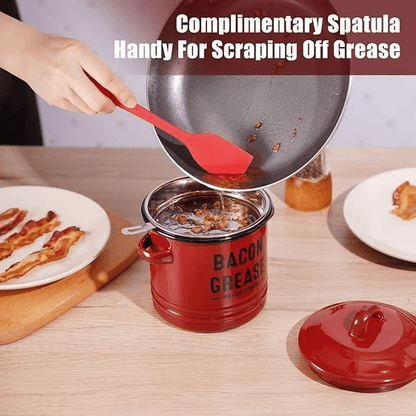 Top Christmas Gift 2025 🎅-46 oz bacon grease container with strainer and food-grade silicone spatula